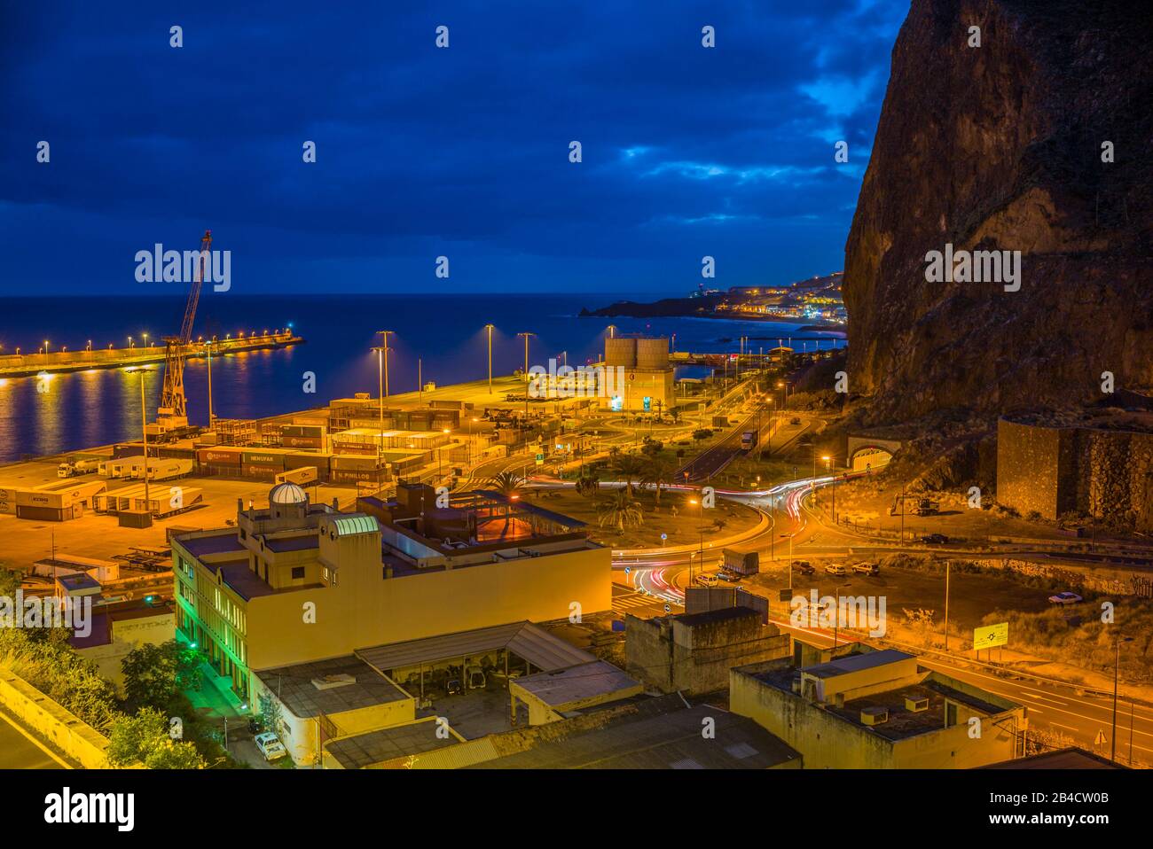 Spain, Canary Islands, La Palma Island, Santa Cruz de la Palma, elevated port view, dawn Stock Photo