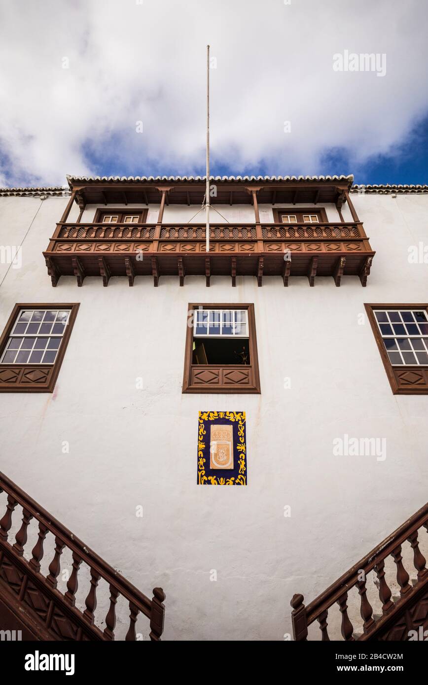Spain, Canary Islands, La Palma Island, Santa Cruz de la Palma, traditional Canarian house balconies Stock Photo