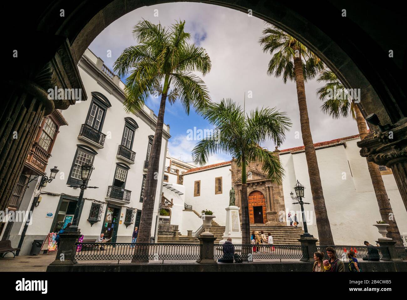 Spain, Canary Islands, La Palma Island, Santa Cruz de la Palma, Plaza Espana, Iglesia del Salvador church, exterior Stock Photo