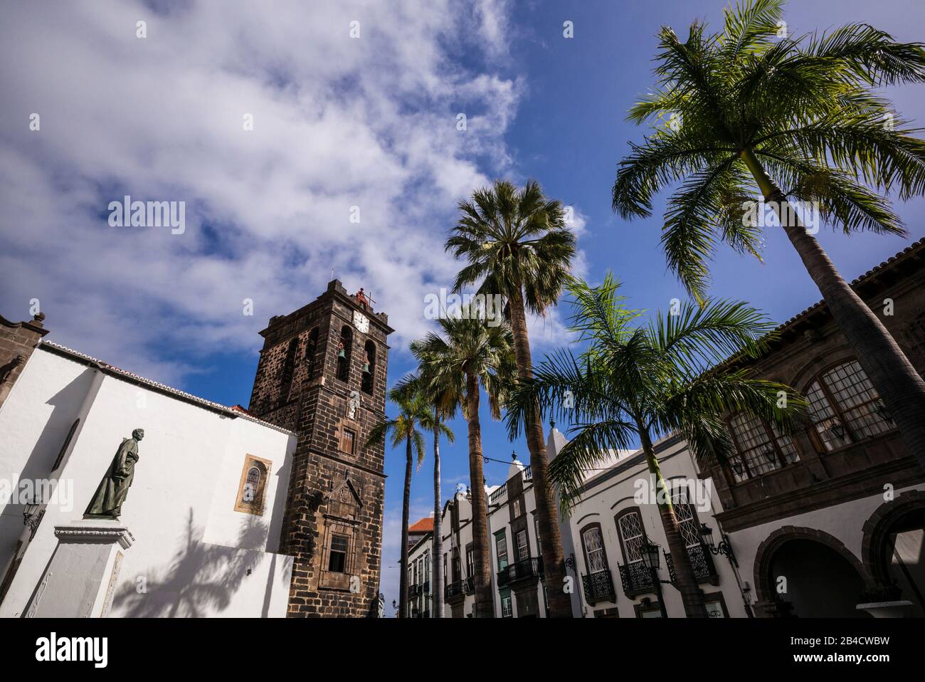 Spain, Canary Islands, La Palma Island, Santa Cruz de la Palma, Plaza Espana, Iglesia del Salvador church, exterior Stock Photo