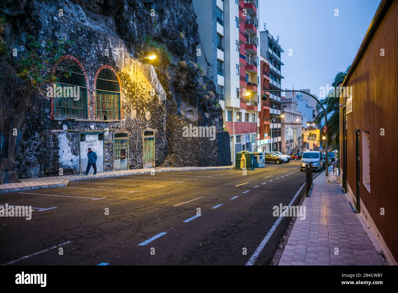 Spain, Canary Islands, La Palma Island, Santa Cruz de la Palma, city street, dawn Stock Photo