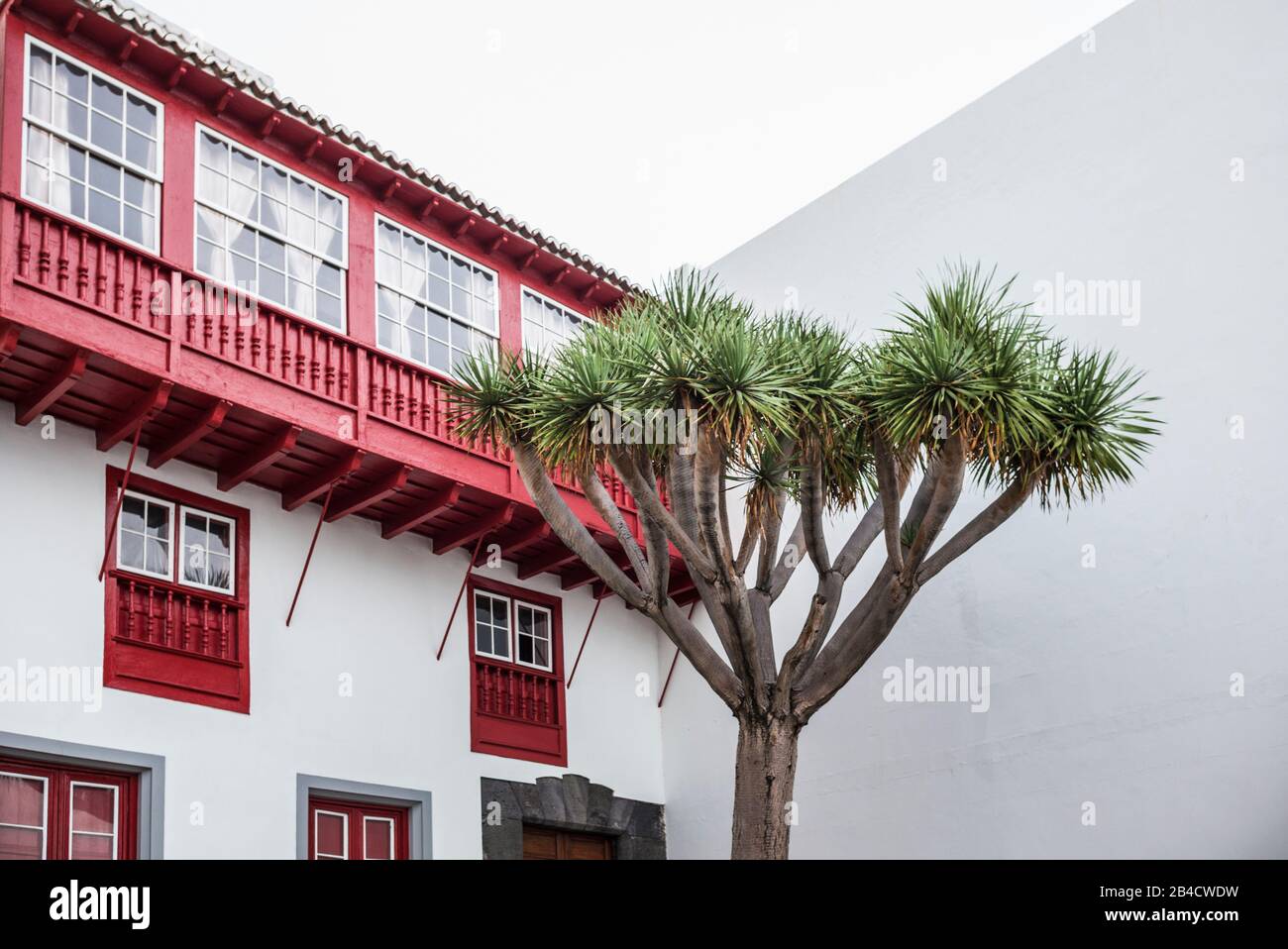 Spain, Canary Islands, La Palma Island, Santa Cruz de la Palma, traditional Canarian house balconies Stock Photo