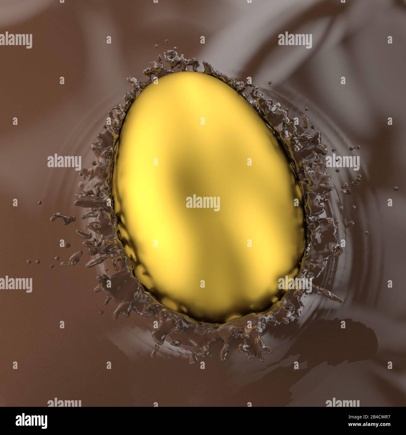 gold easter egg falling into chocolate creating splashes. nobody around. 3d render. food and sweets concept. Stock Photo