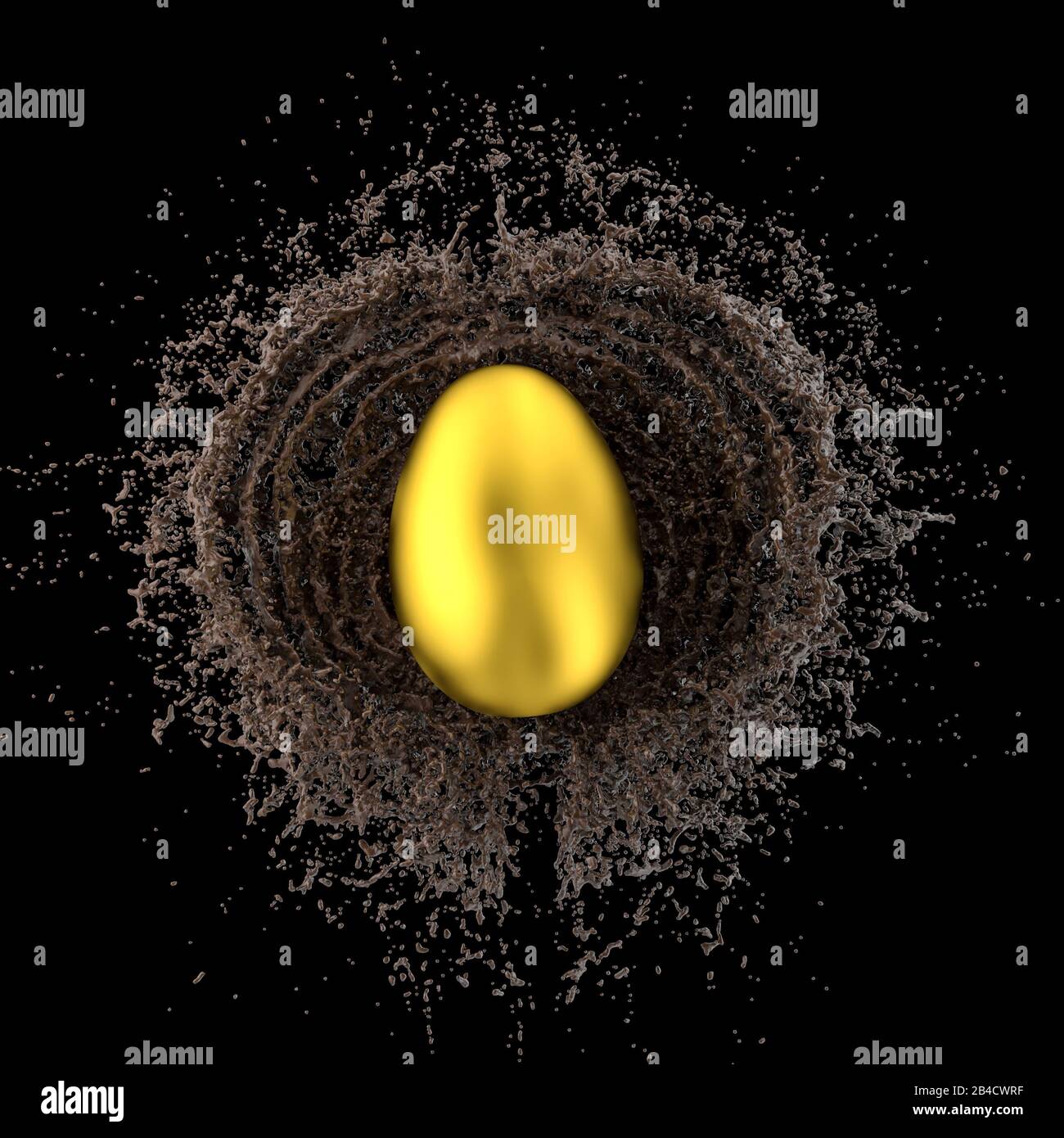 gold easter egg and explosion of chocolate on black. concept of food, parties. nobody around 3d render. Stock Photo