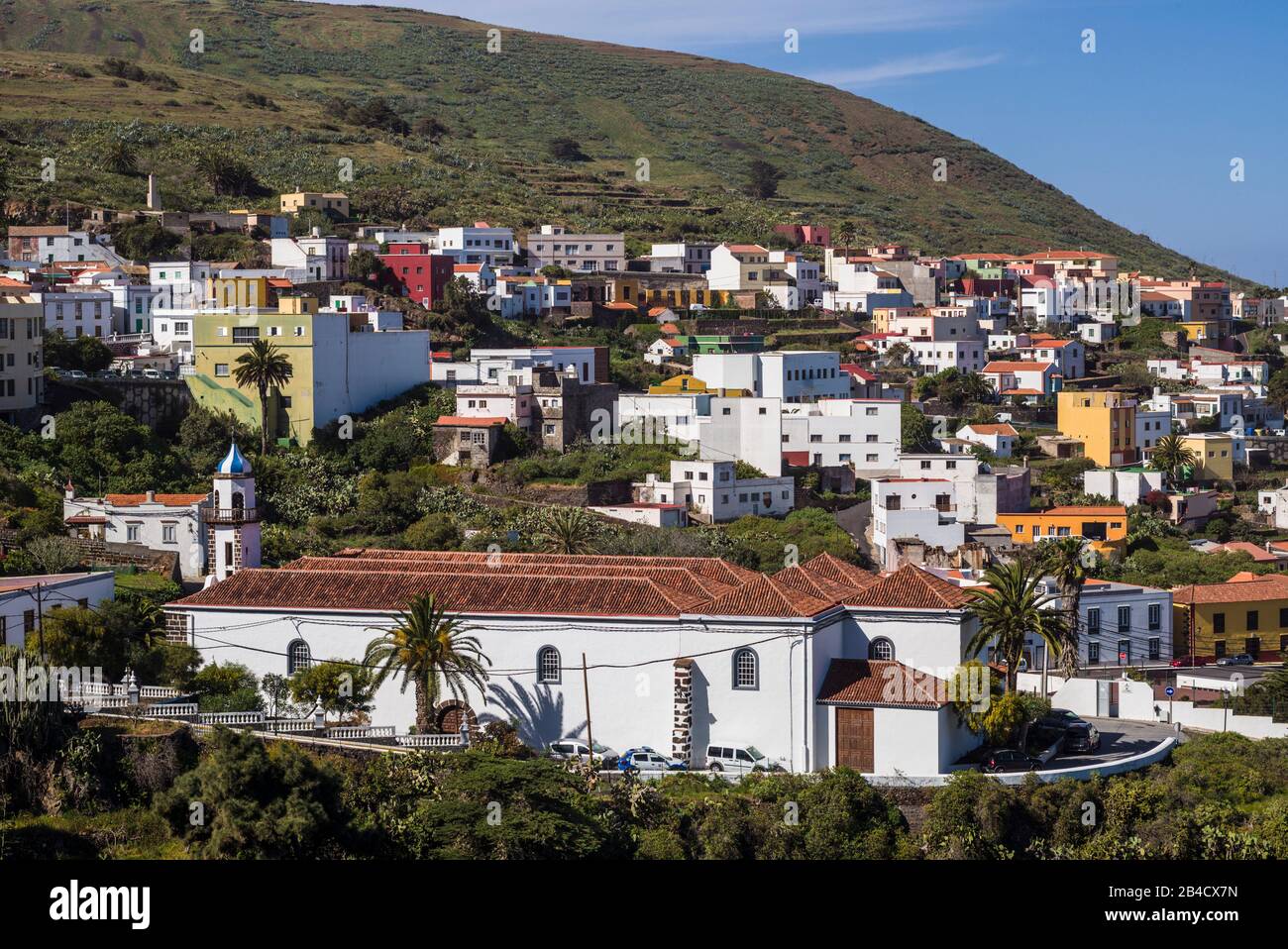 Spain, Canary Islands, El Hierro Island, Valverde, island capital, elevated town view with the Iglesia de Nuestra Senora de la Concepcion church, built in 1767 Stock Photo