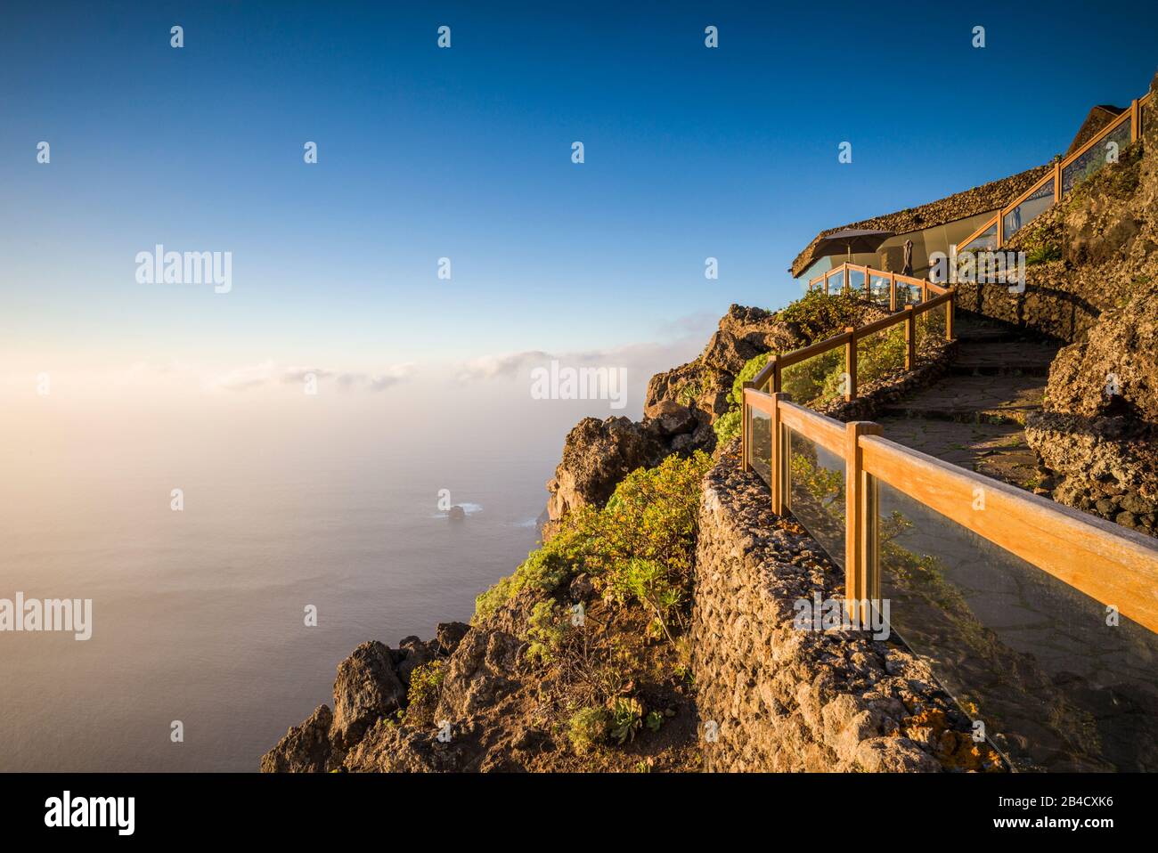 Spain, Canary Islands, El Hierro Island, Guarazoca, Mirador de la Pena, viewing area and restaurant designed by famed artist Cesar Manrique Stock Photo