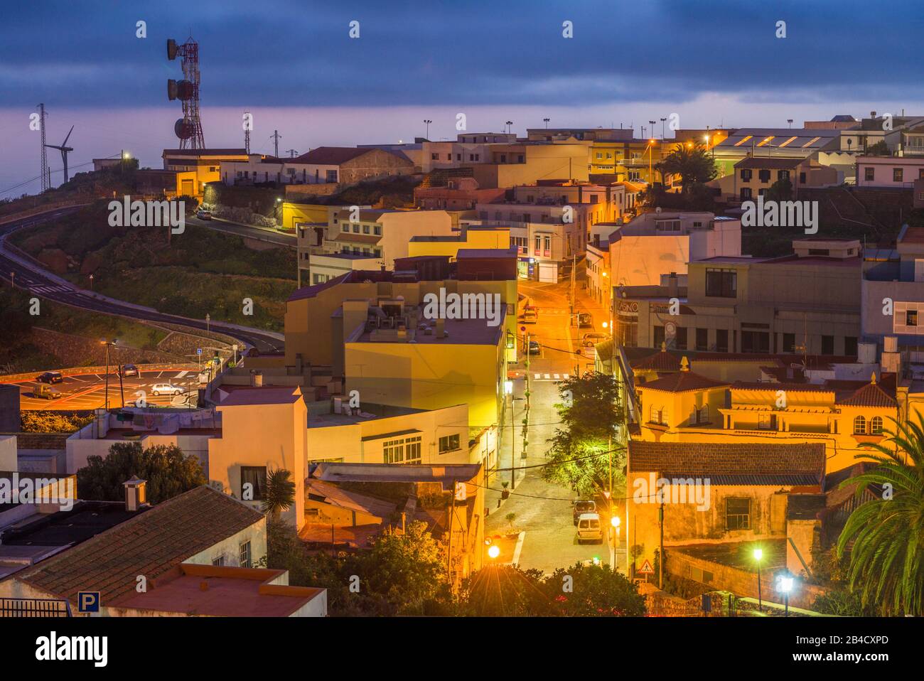Spain, Canary Islands, El Hierro Island, Valverde, island capital, elevated town view from the west, dawn Stock Photo