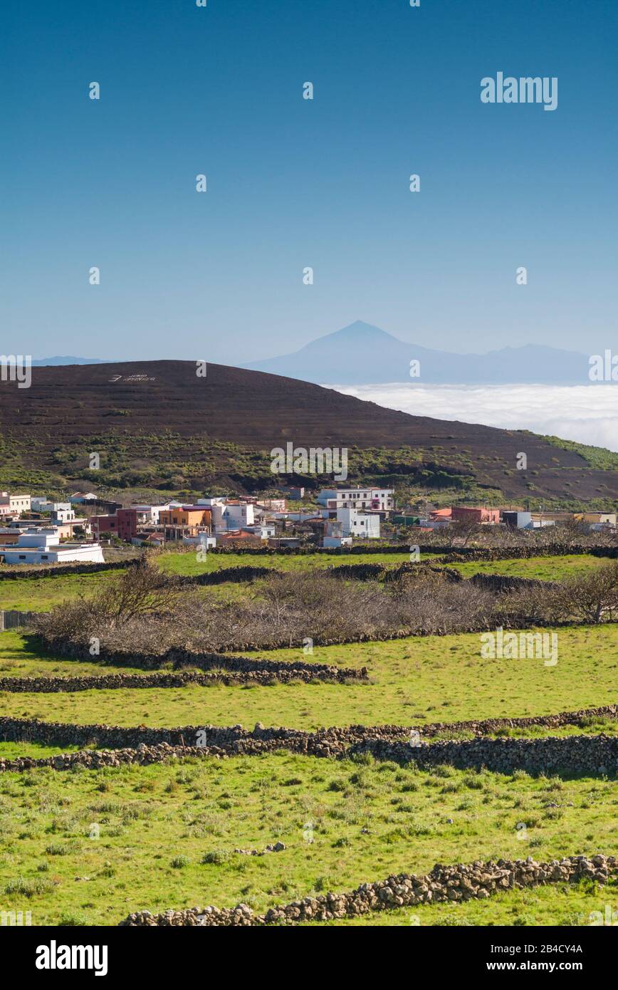 Spain, Canary Islands, El Hierro Island, San Andresr, elevated town view towards La Gomera and Tennerife Islands Stock Photo