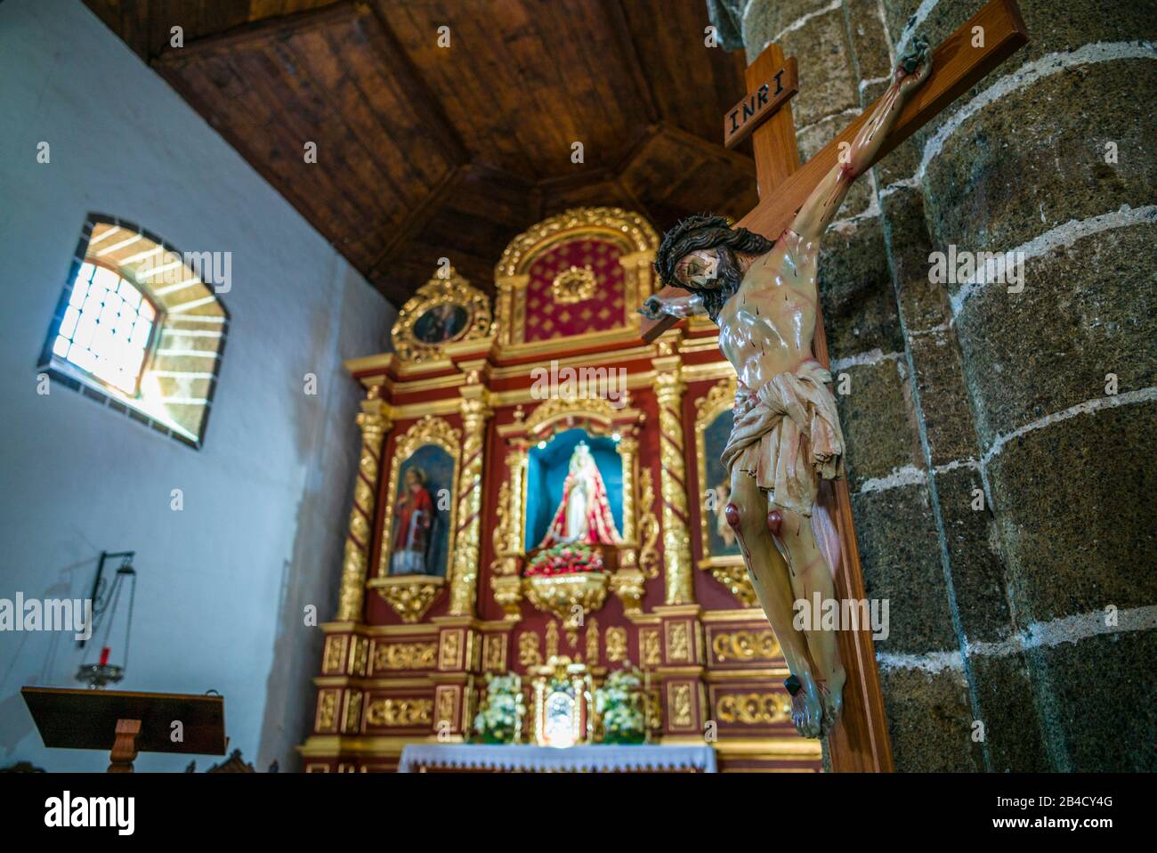 Spain, Canary Islands, El Hierro Island, La Frontera, Iglesia de Nuestra Senora de la Candelaria church, interior with statue of Jesus Christ Stock Photo
