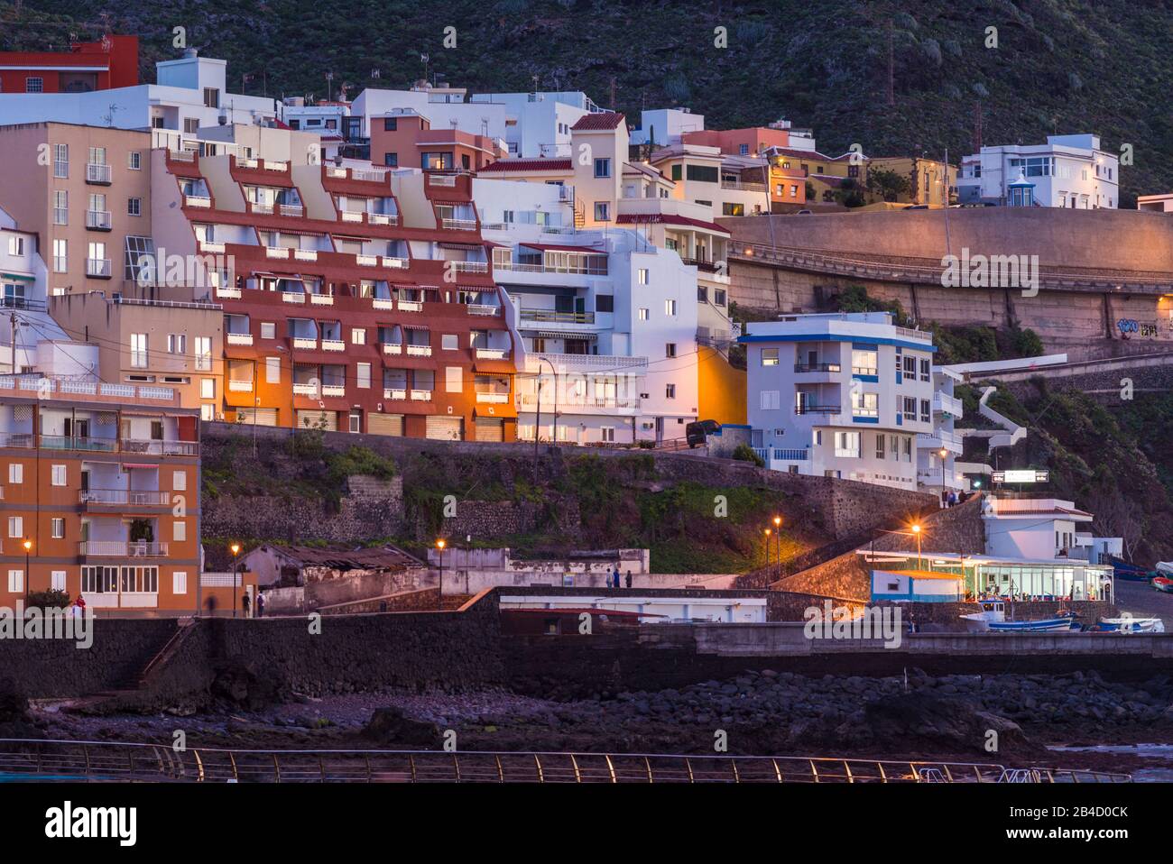 Spain, Canary Islands, Tenerife Island, Bajamar, coastal resort hotels, dusk Stock Photo