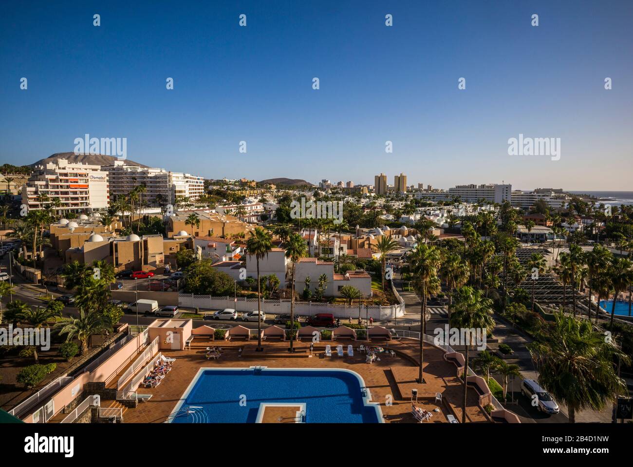 Spain, Canary Islands, Tenerife Island, Playa de Las Americas, resort town highrises Stock Photo