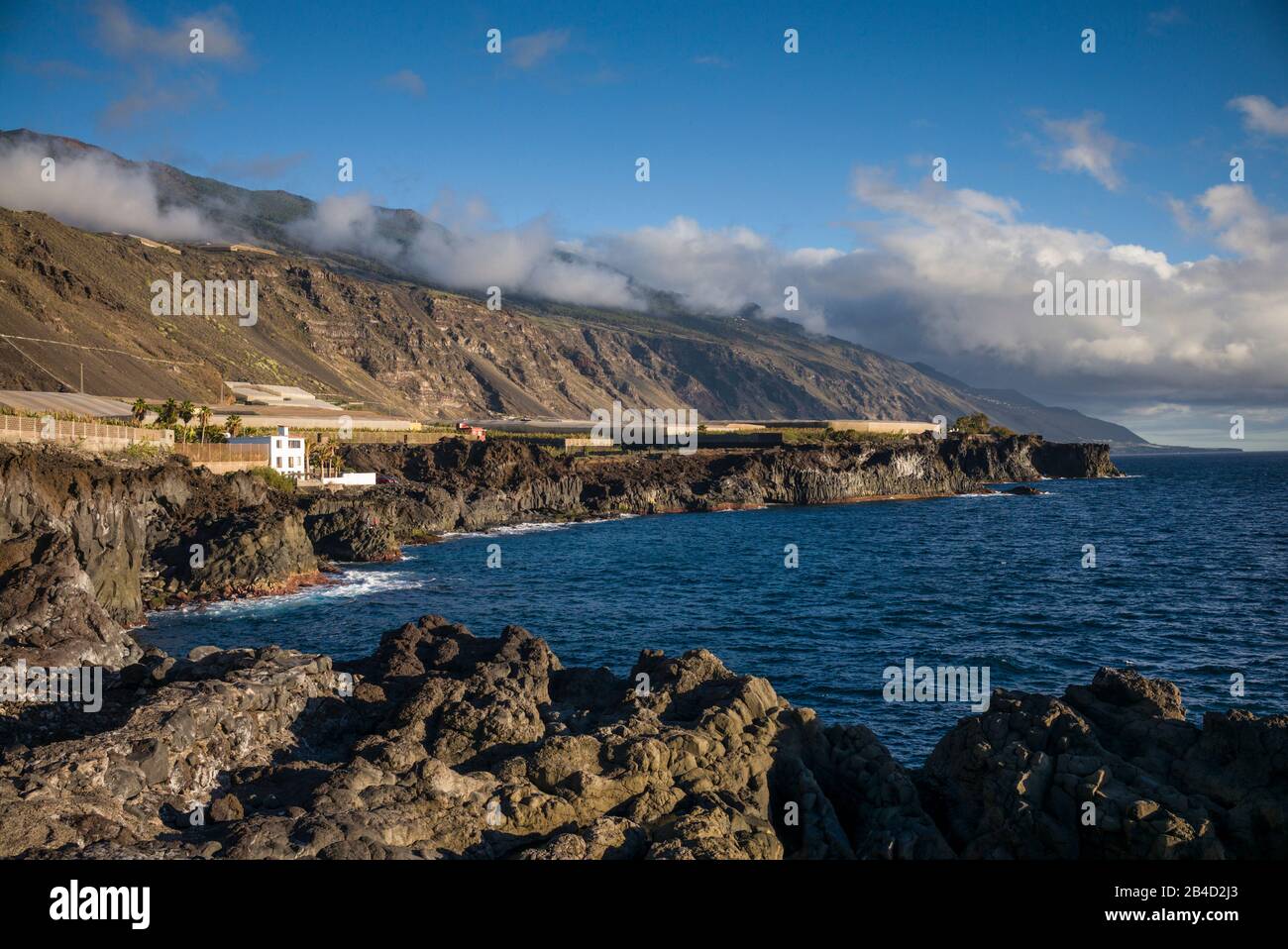 Spain, Canary Islands, La Palma Island, Puerto Naos, banana plantation and mountains Stock Photo
