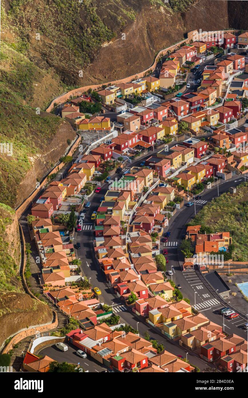 Spain, Canary Islands, La Palma Island, Santa Cruz de la Palma, elevated view of the Valle de la Luna neighborhood Stock Photo