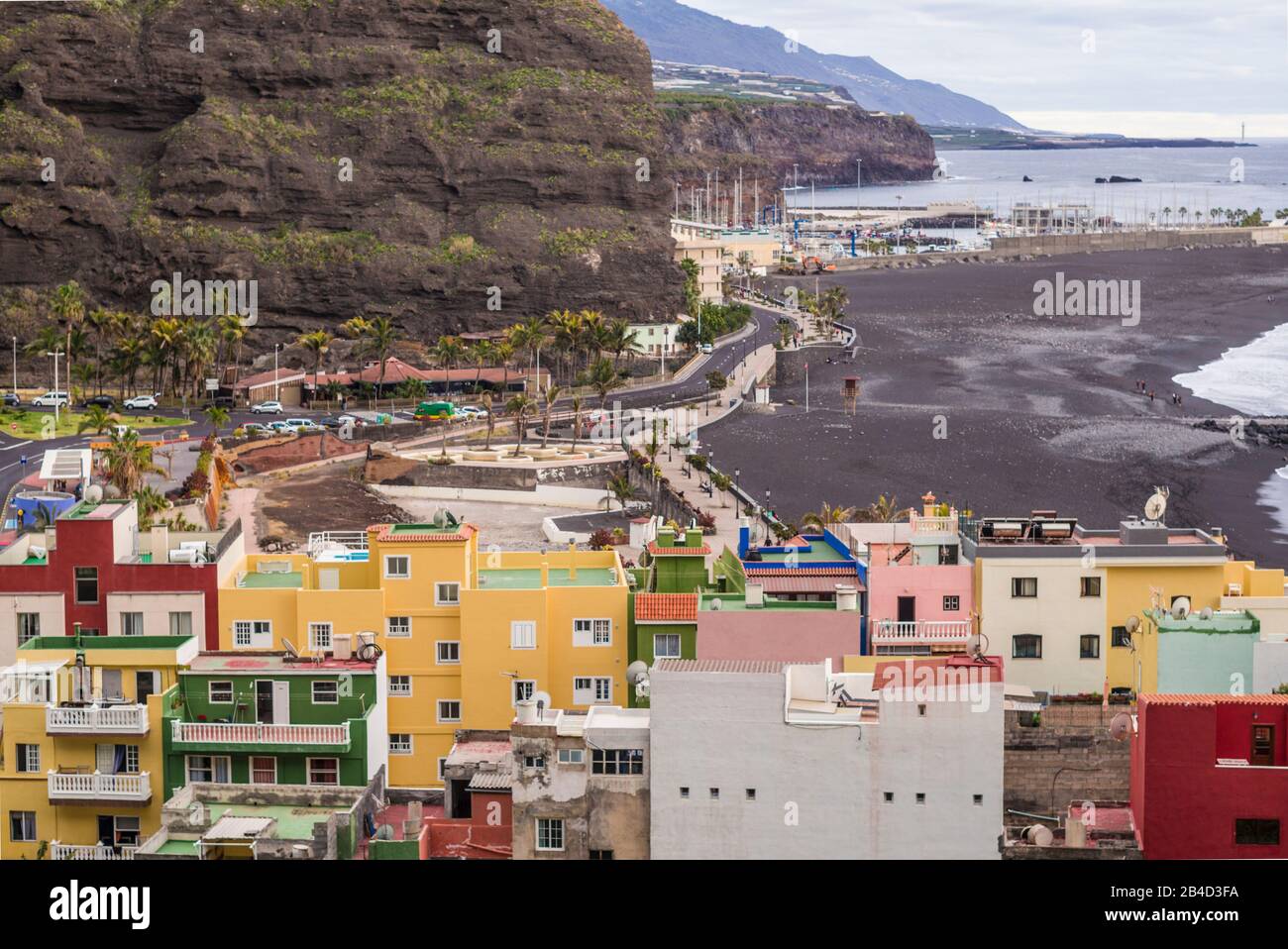 Spain, Canary Islands, La Palma Island, Tazacorte, resort town elevated view Stock Photo