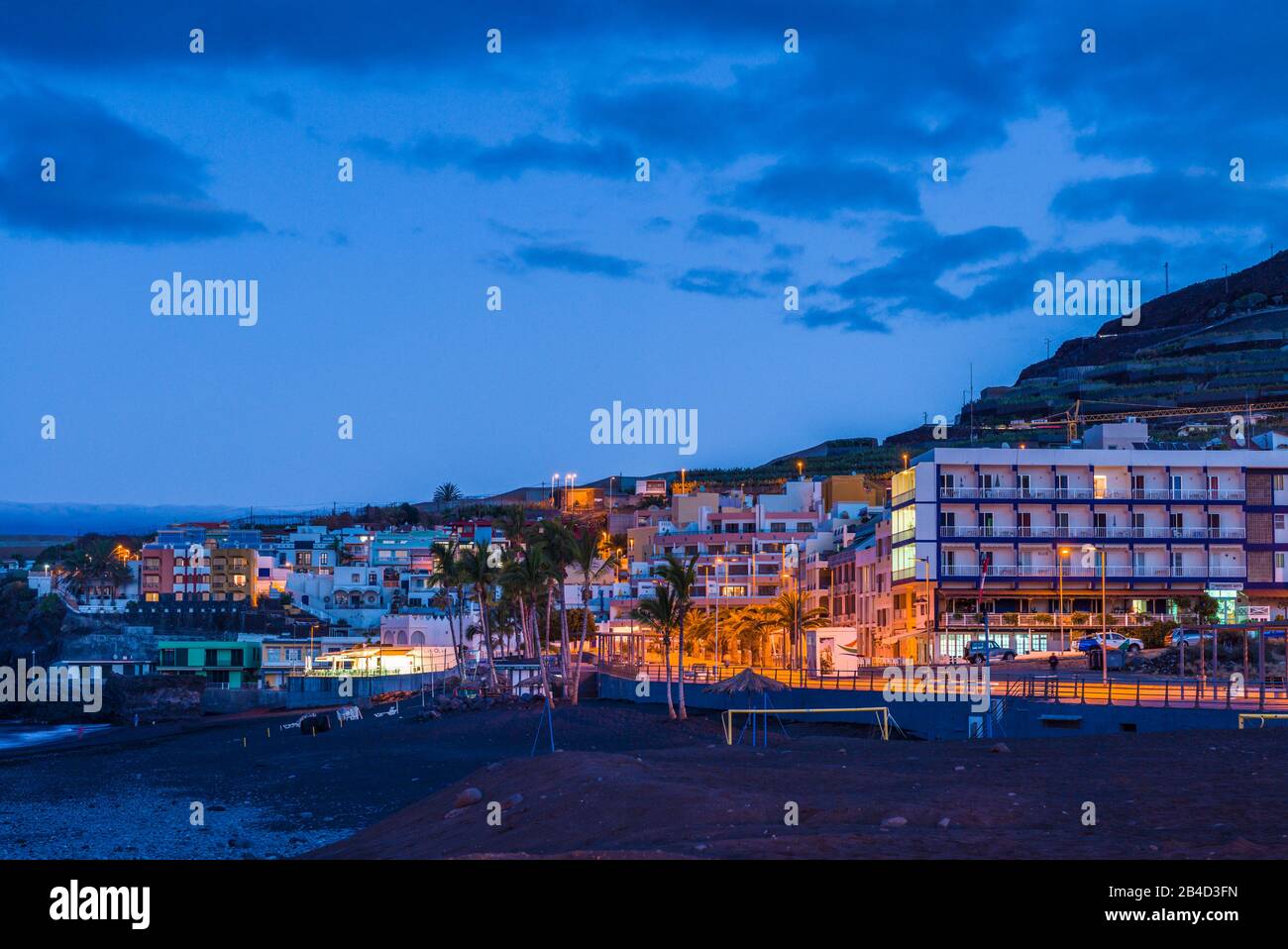 Spain, Canary Islands, La Palma Island, Puerto Naos, town view, dawn Stock Photo