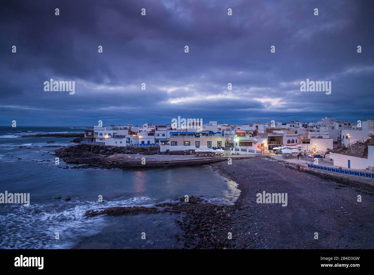 Spain, Canary Islands, Fuerteventura Island,  El Cotillo,  Fishermans Quarter, high angle view, dusk Stock Photo