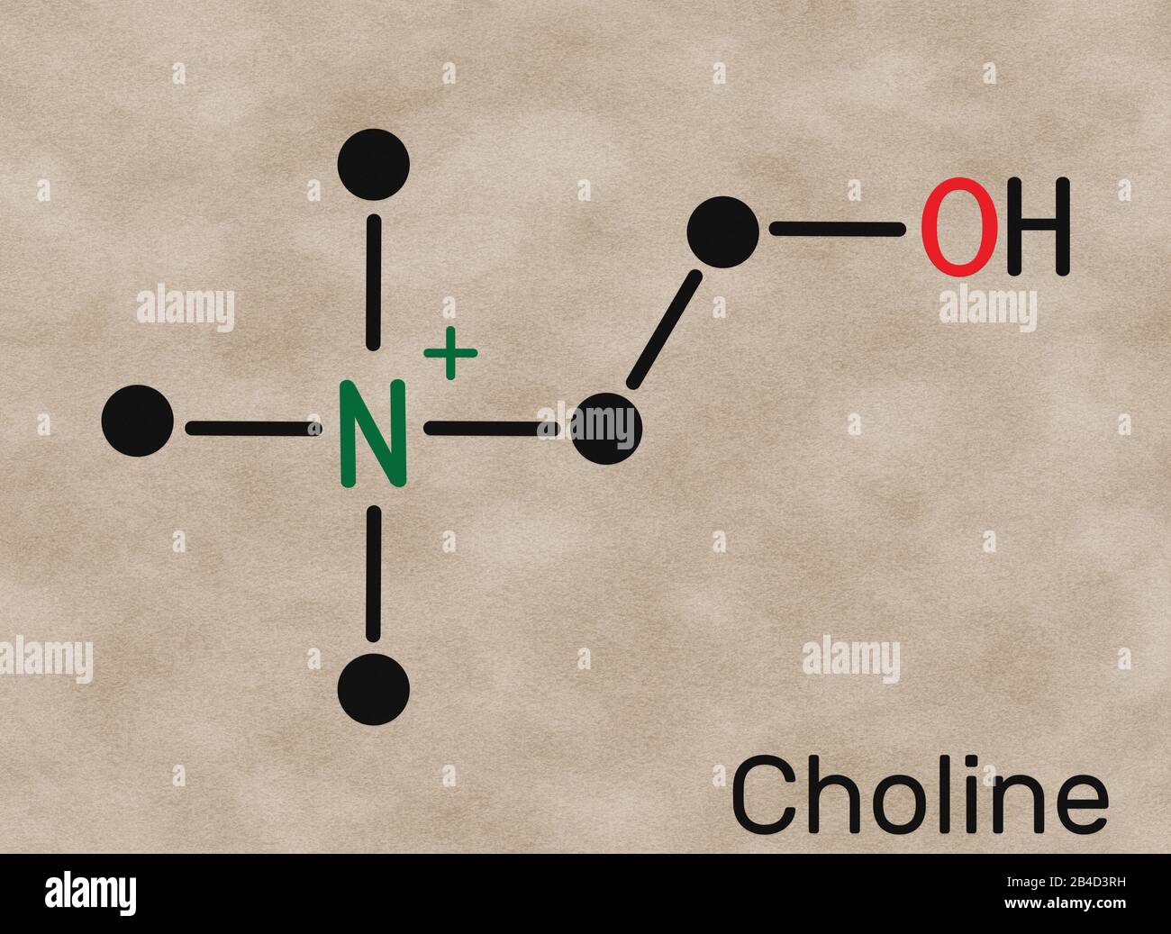 Choline,  C5H14NO+ , vitamin-like essential nutrien molecule. It is a constituent of lecithin. Skeletal chemical formula. Illustration Stock Photo
