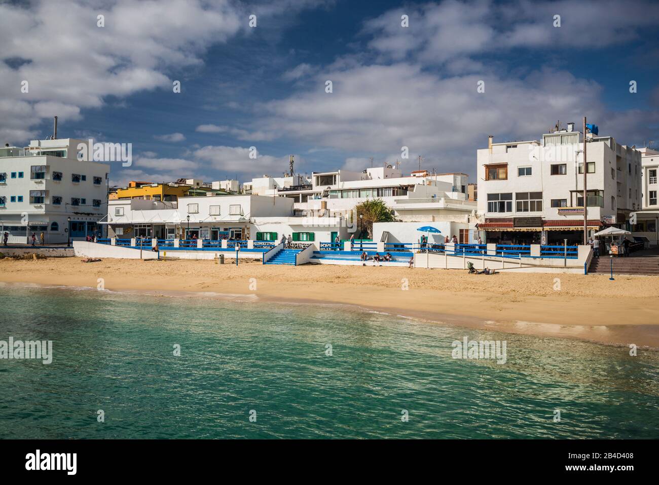 Spain, Canary Islands, Fuerteventura Island,  Corralejo, Fishermans Quarter by Playa Muelle Chico Stock Photo