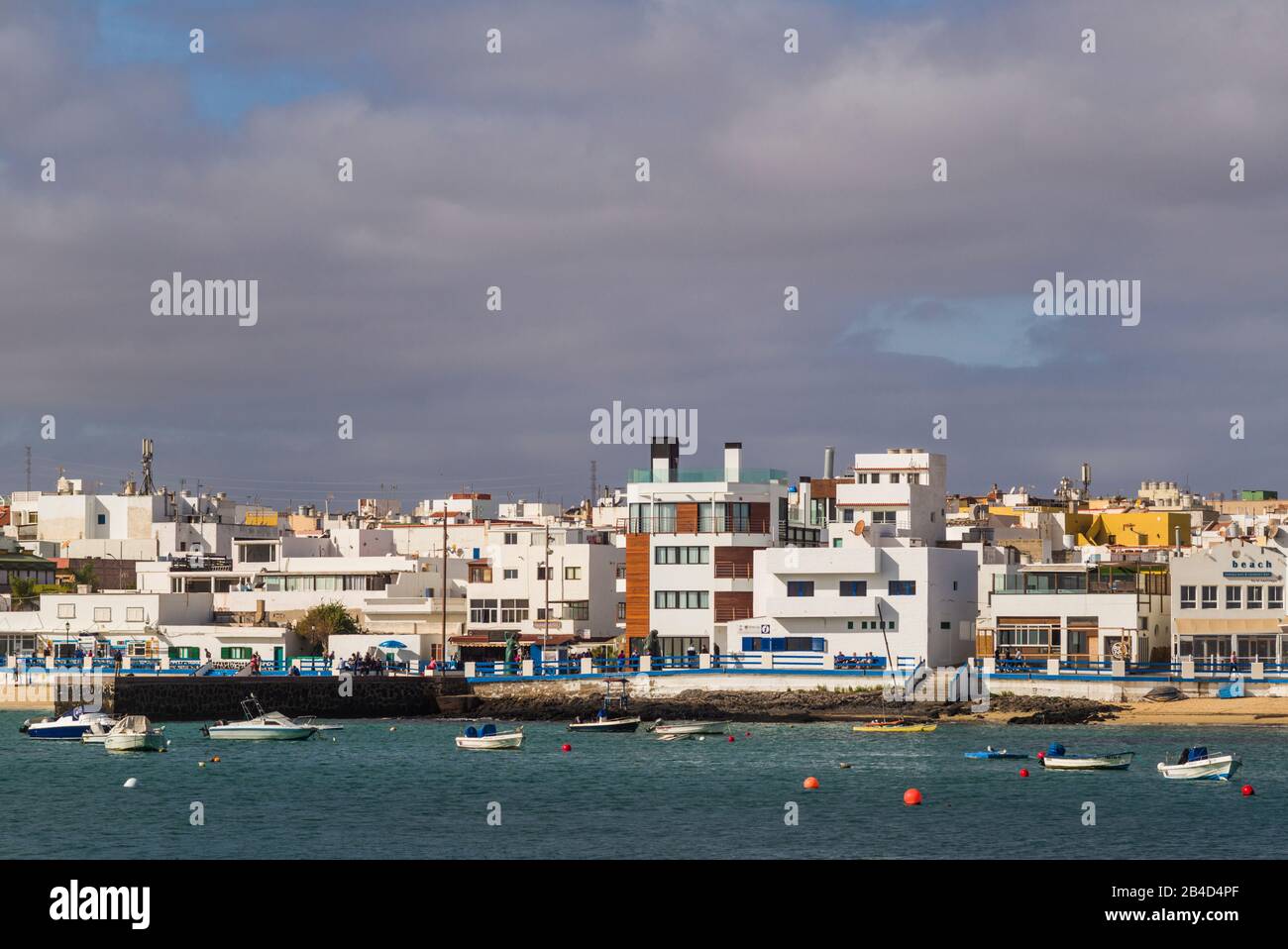 Spain, Canary Islands, Fuerteventura Island,  Corralejo, Fishermans Quarter by Playa Muelle Chico Stock Photo