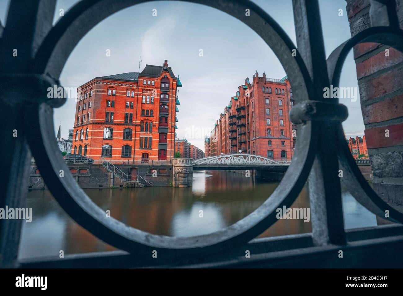 Historic warehouse district in Hamburg, Germany, Europe, old brick buildings and canal of the Hafencityviertel, UNESCO heritage Stock Photo