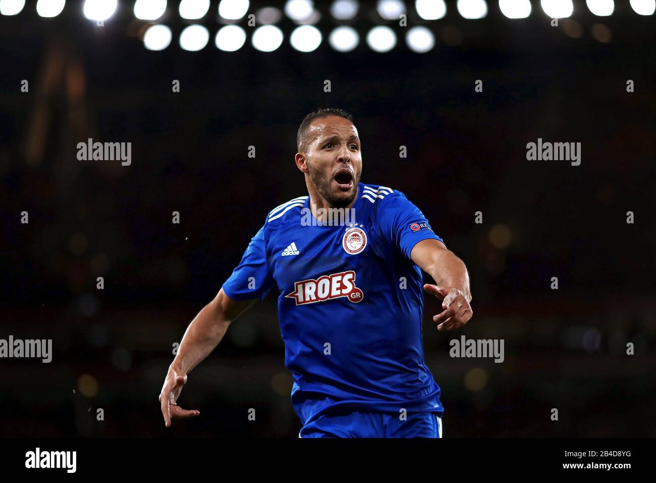 Youssef El Arabi of Olympiacos celebrates after scoring a winning goal, 2-1  - Arsenal v Olympiacos, UEFA Europa League - Round of 32 Second Leg,  Emirates Stadium, London, UK - 27th February 2020 Stock Photo - Alamy