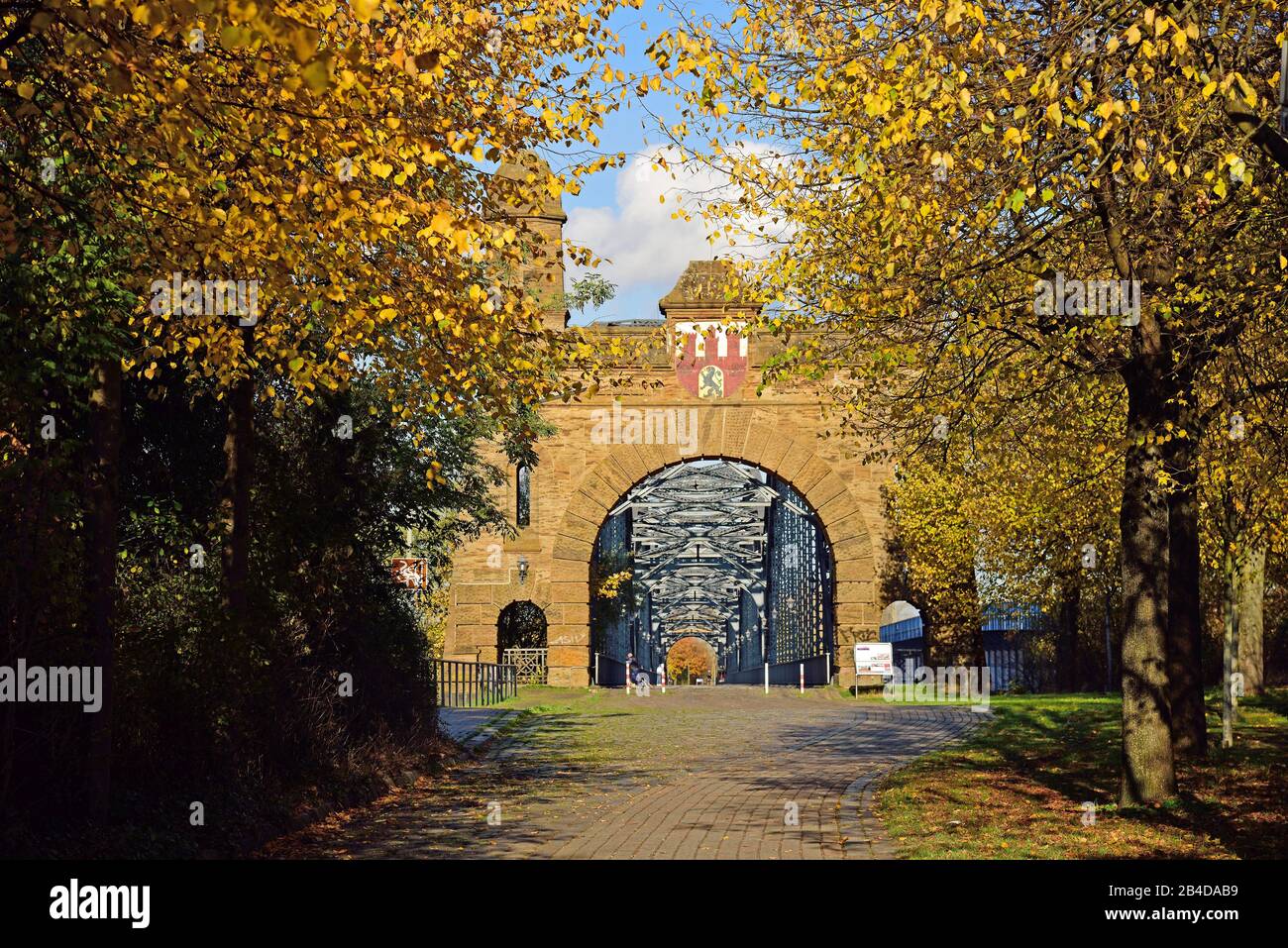 Europe, Germany, Hamburg, Alte Harburger Elbbrücke, south portal, built between 1897 and 1899, in autumn, Stock Photo