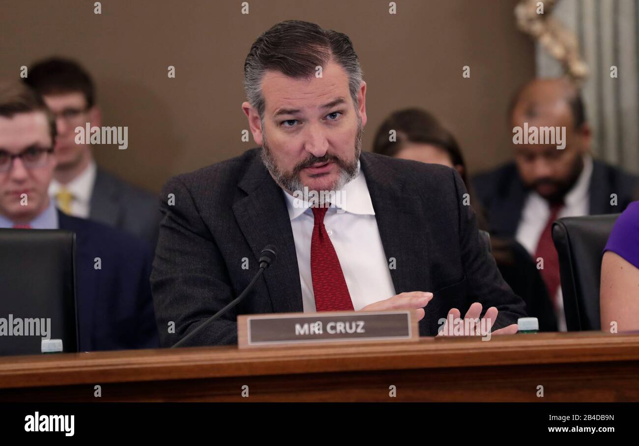 Senate Committee on Commerce, Science and Space, Subcommittee on Aviation and Space Chairman Sen. Ted Cruz of Texas, asks questions of Customs and Border Protection Executive Assistant Commissioner for Operations Support William Ferrara during testimony in a hearing to discuss the role of the the air transportation industry in mitigating the spread of the novel coronavirus disease COVID-19 on Capitol Hill March 4, 2020 in Washington, D.C. Stock Photo