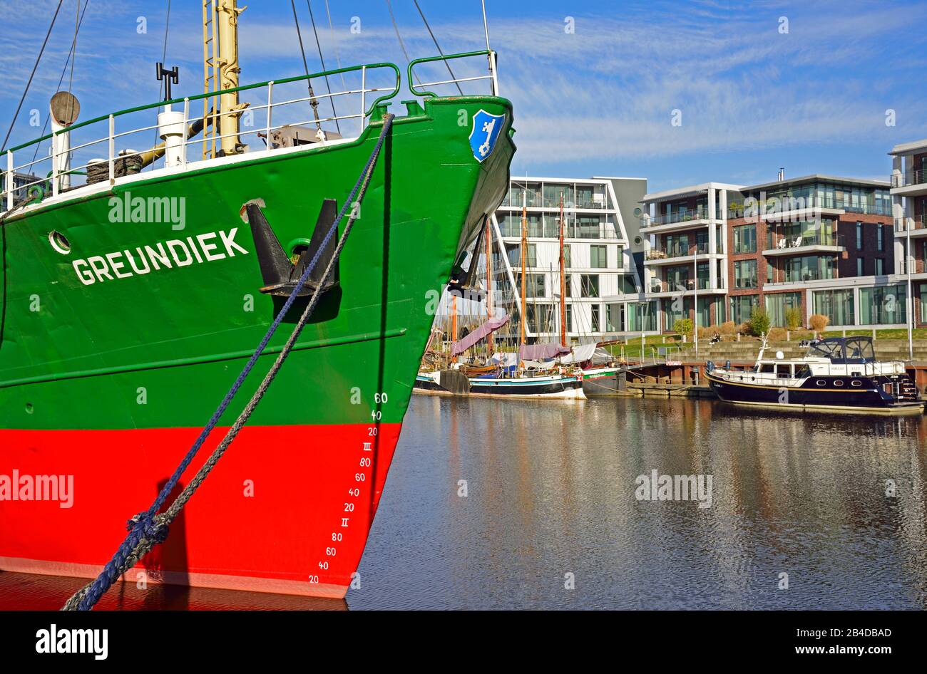 Europe, Germany, Lower Saxony, Stade, Hamburg metropolitan region, Hanseatic city, city harbour, museum ship Greundiek, Stock Photo