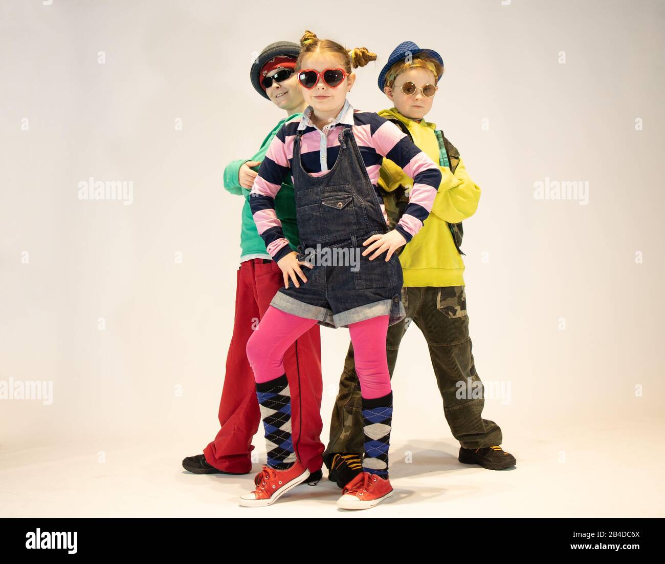 unique kids,cheerful children dressed in hip hop style,dancing kids, break dance kids Stock Photo