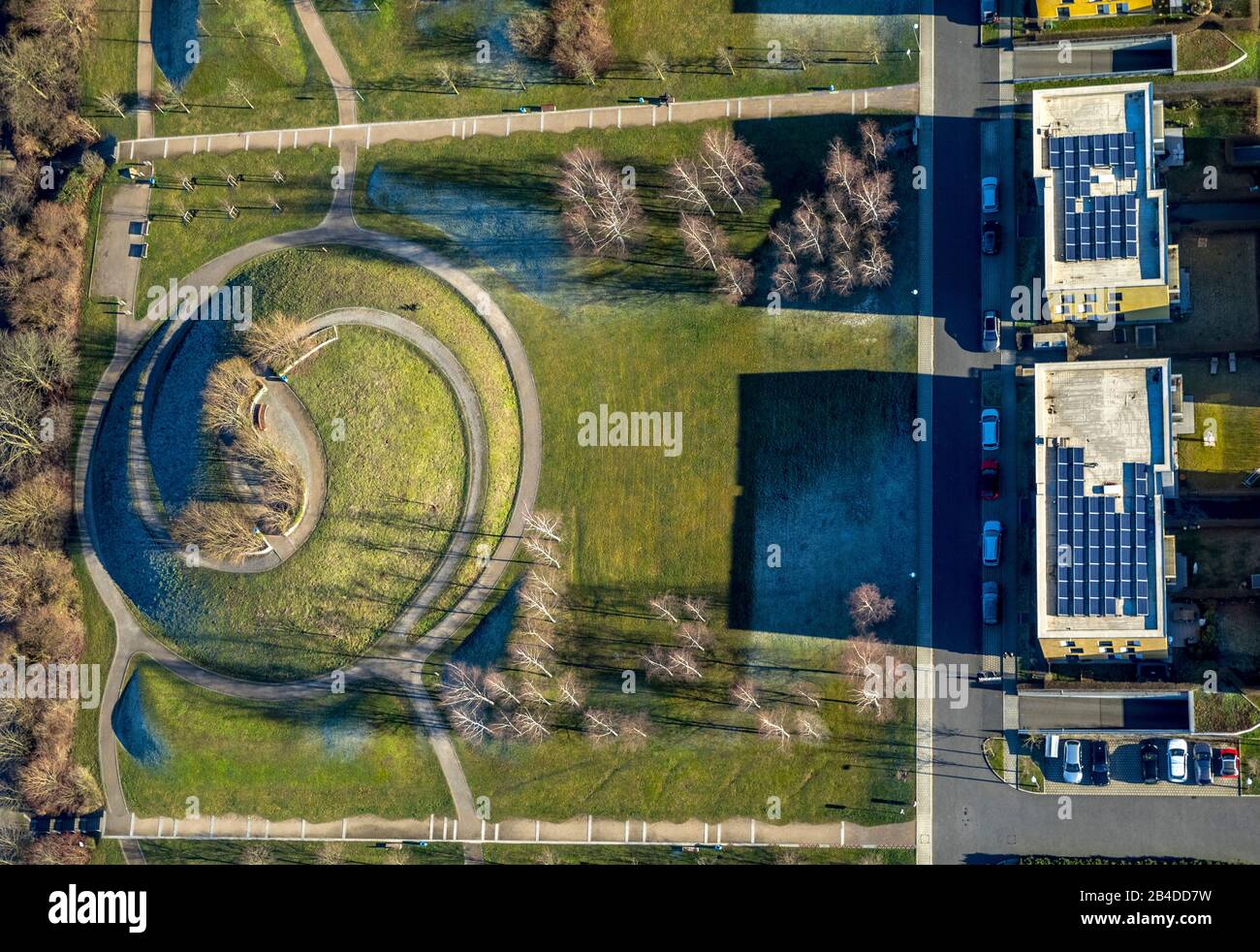 Aerial view, Ying Yang symbol, playground with round hill, mountain bike facility, Dilldorfer Höhe, Frauenstein, Essen, North Rhine-Westphalia, Germany Stock Photo