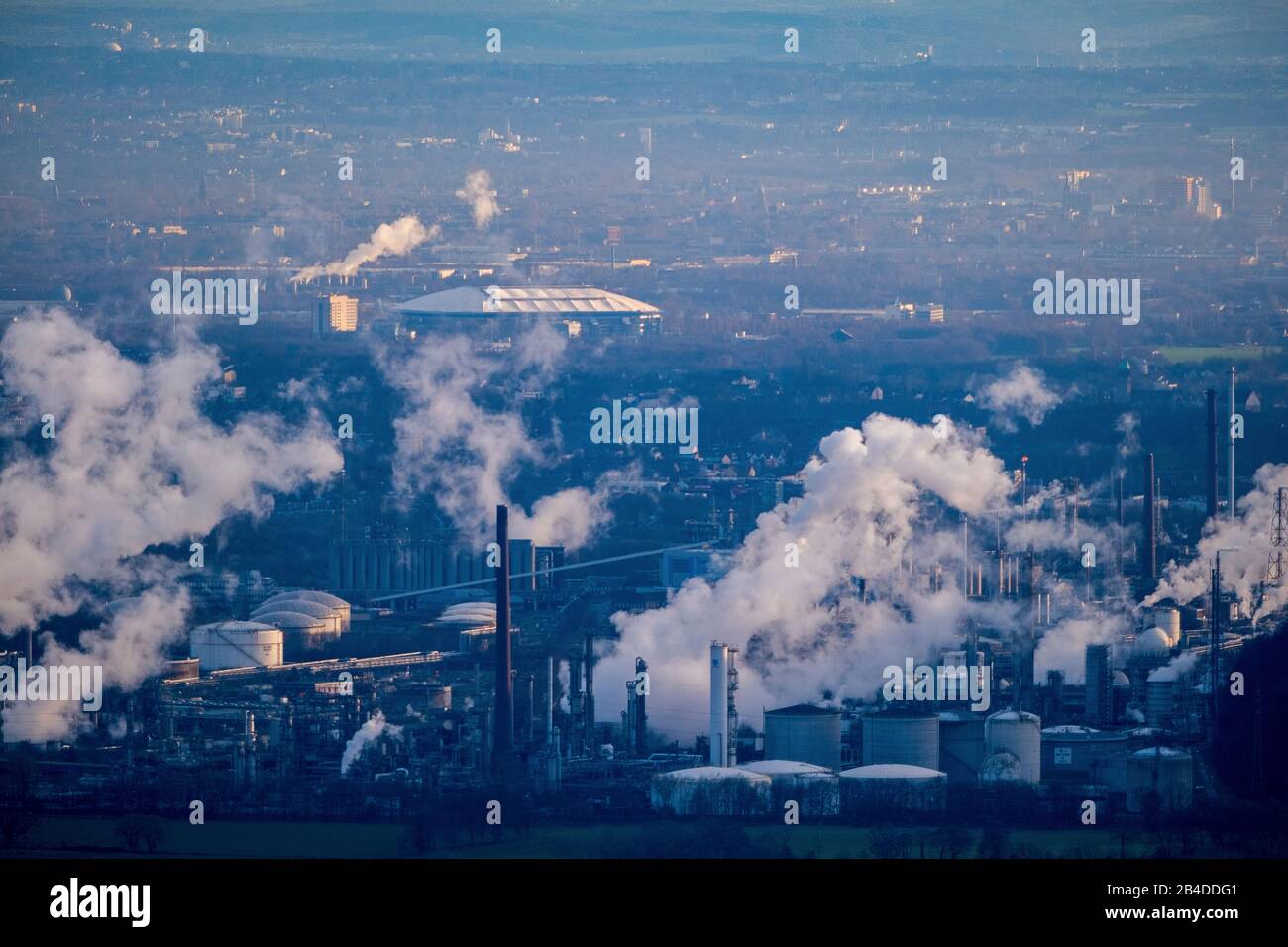 Aerial view, Veltins Arena, Schalke Stadion, cooling towers,  Gelsenkirchen, Ruhrgebiet, North Rhine-Westphalia, Germany Stock Photo