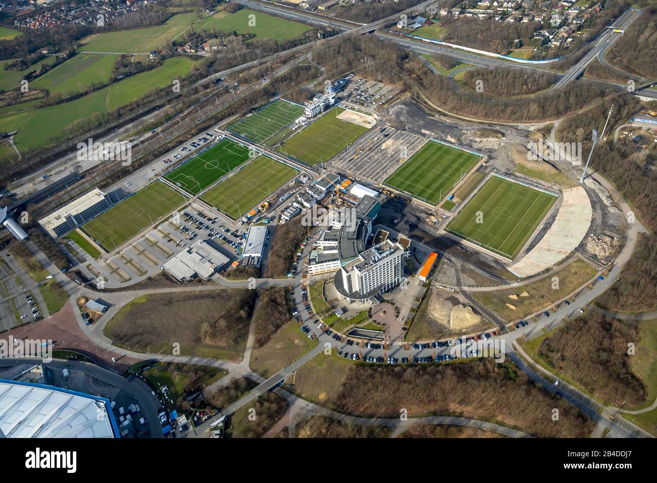Aerial photo, training places Schalke S04, Gelsenkirchen, Ruhr district, North Rhine-Westphalia, Germany Stock Photo