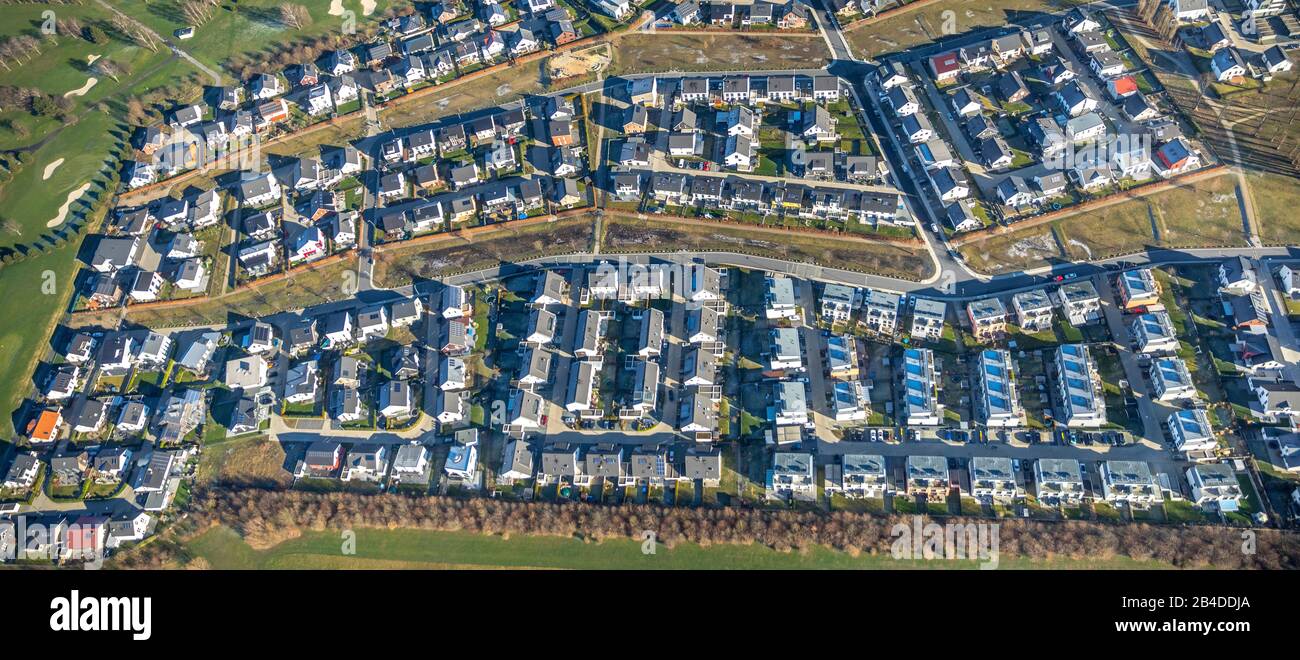 Aerial view, new housing estate, on the golf course, Am Brackeler Ostholz, Willi-Daume-street, Heinrich-Czerkus-avenue, Brackel, Dortmund, North Rhine-Westphalia, Germany Stock Photo
