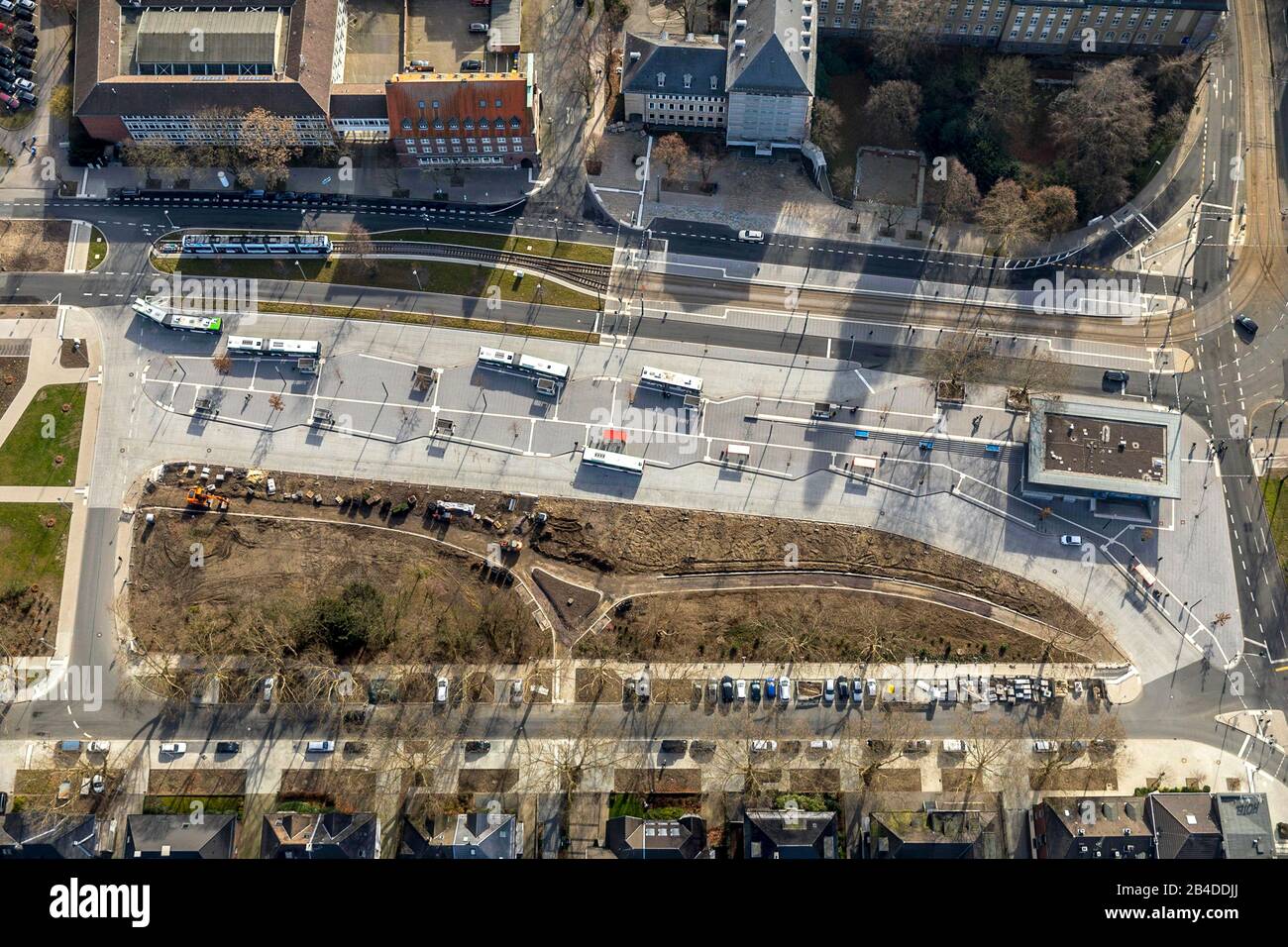 Aerial view, new bus station Goldbergplatz, ZOB Gelsenkirchen, Buer, Gelsenkirchen, Ruhr area, North Rhine-Westphalia, Germany Stock Photo