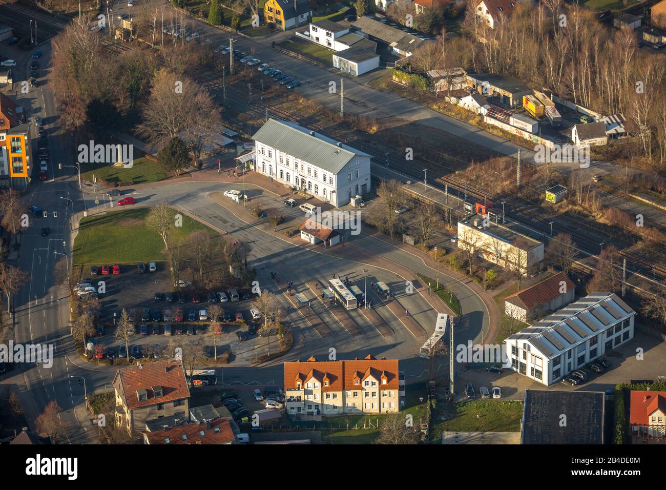 Aerial view, culture and event center at the station, Bahnhofstraße, Werl, Soester Börde, North Rhine-Westphalia, Germany Stock Photo