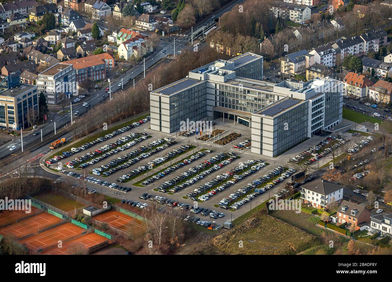 Aerial view, Vonovia corporate headquarters, Universitätsstraße, tennis courts, Paulstrasse, Wiemelshausen, Bochum, North Rhine-Westphalia, Germany Stock Photo