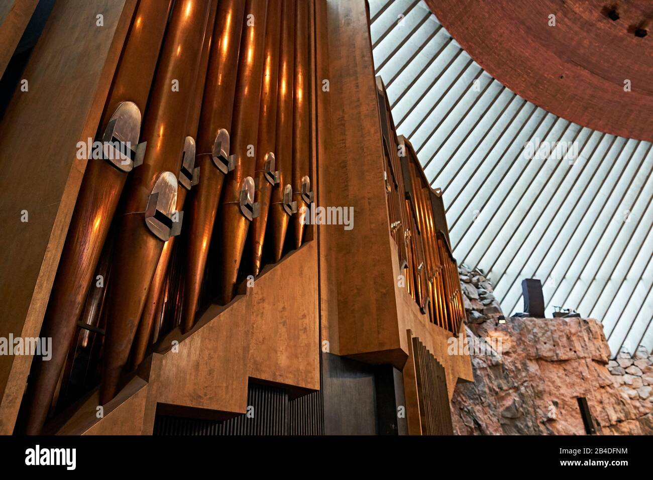 Interior shot of Temppeliaukio Church in Helsinki, Finland, organ Stock Photo