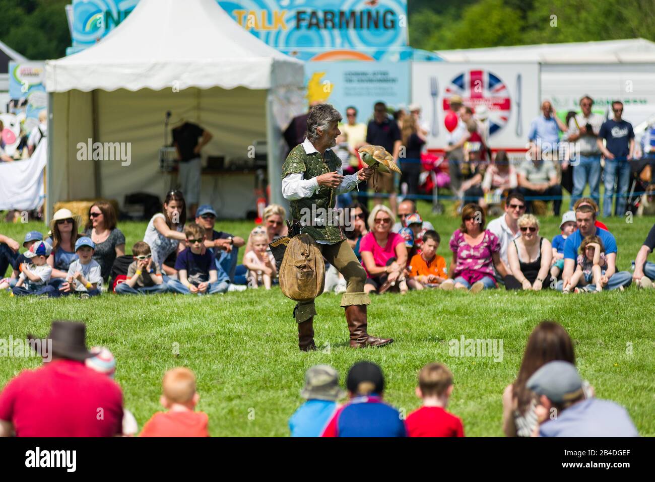 A male falconer with owl and crowd, Cambridgeshire County Show, United Kingdom Stock Photo
