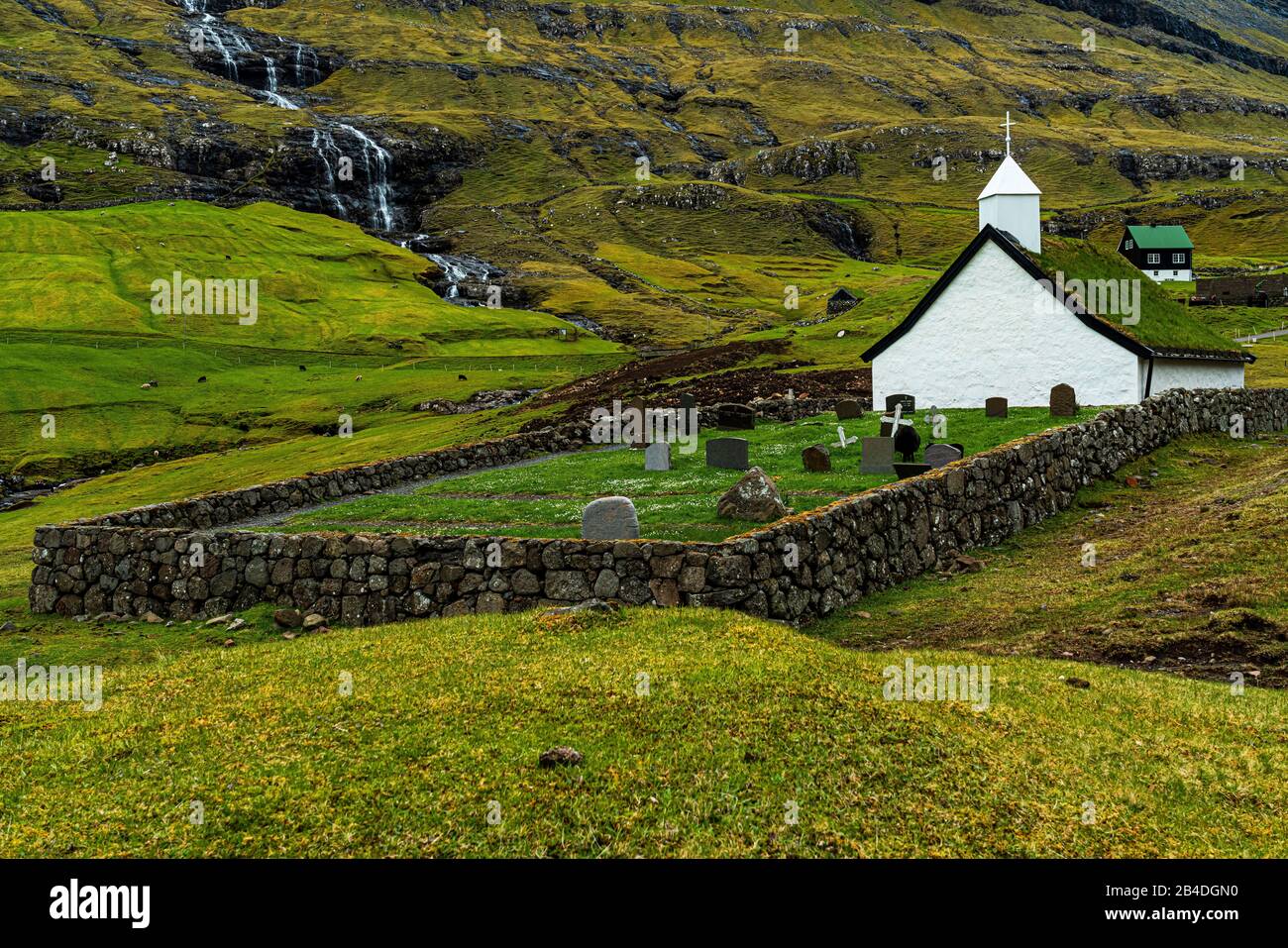 Church, Saksun Valley, Streymoy Island, Faroe Islands Stock Photo