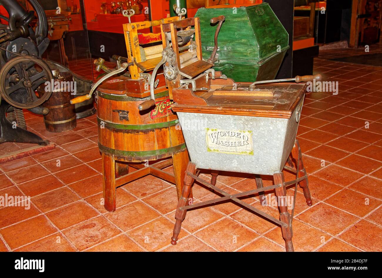 2 antique washing machines, ringers, Wonder Washer, old, display, Colchagua Museum; Santa Cruz; Chile; South America Stock Photo