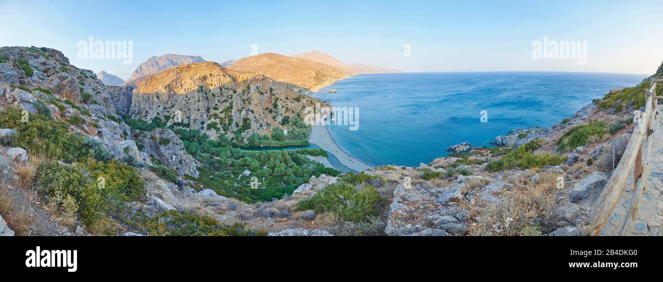 Landscape from the coast at Preveli beach and the palm beach at Preveli lagoon, Crete, Greece Stock Photo