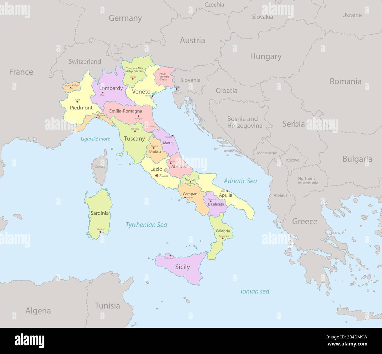 Italy map with neighboring states, administrative division and names with cities, classic colors