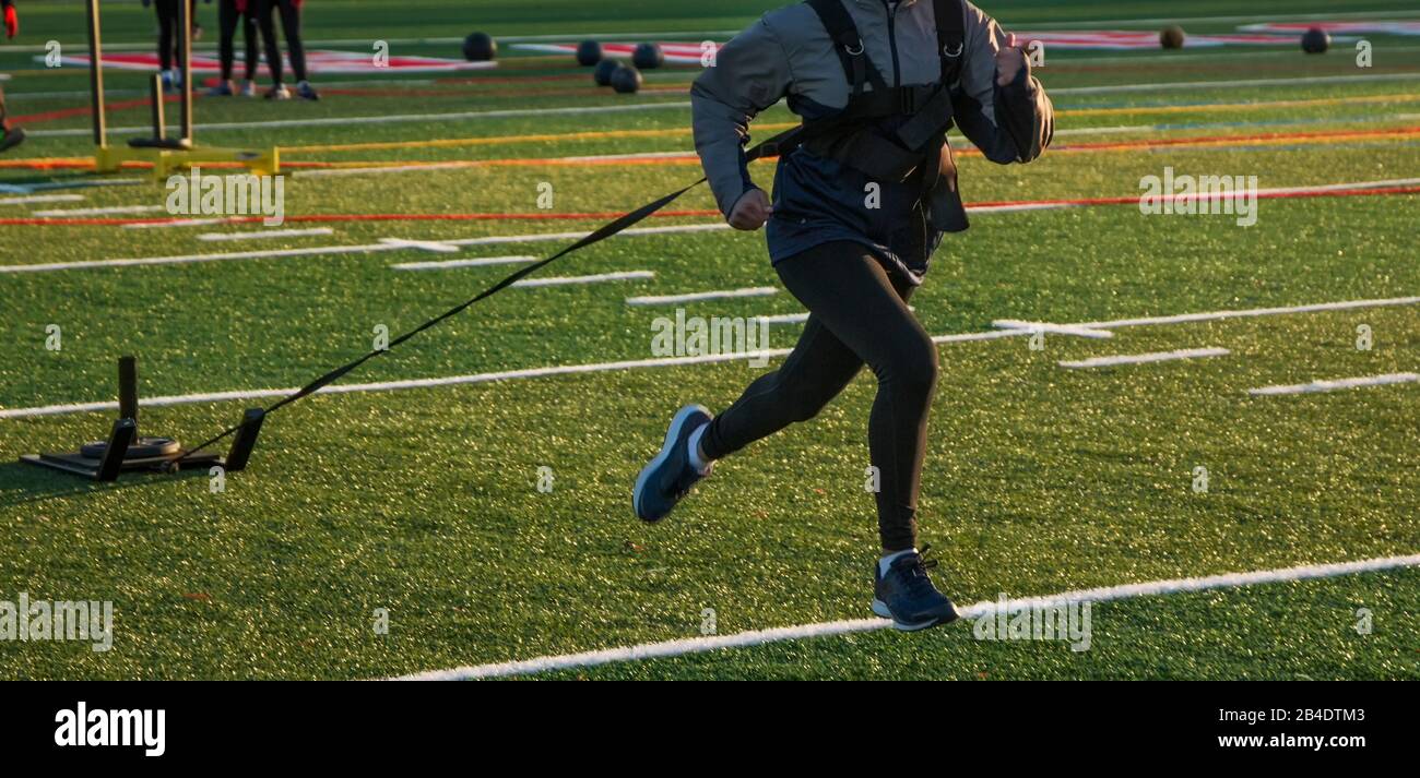 A female high school athlete is pulling a sled with 25 pounds across a green turf field during afternoon track practice onn a cold winter day. Stock Photo