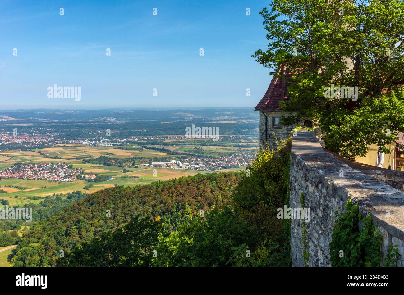 Germany, Baden-Württemberg, Owen, view from the Teck castle ruin to the foothills of the Alb at Kirchheim / Teck, Swabian Alb Stock Photo
