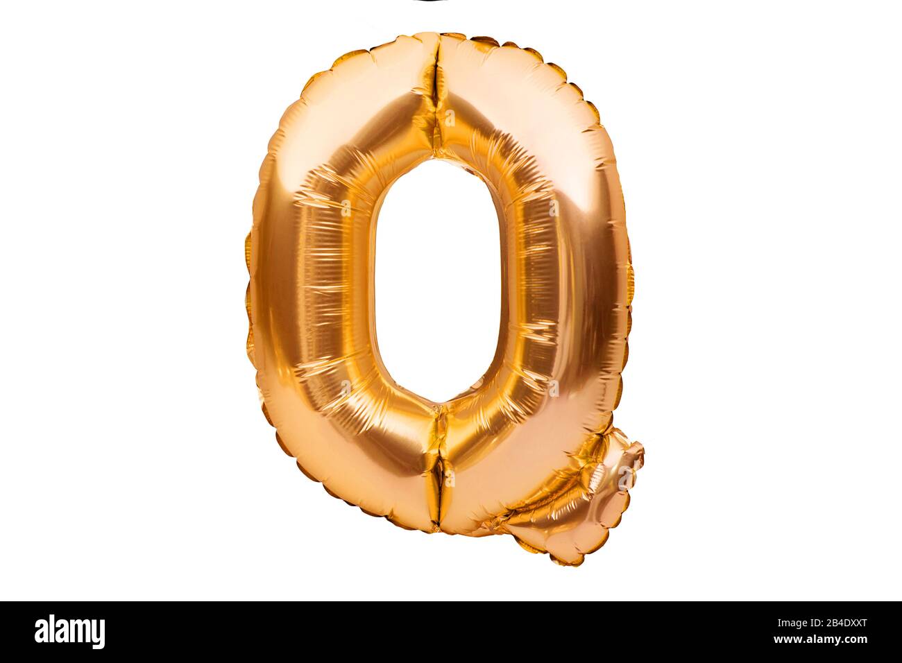 Letter Q made of golden inflatable helium balloon isolated on white. Gold foil balloon font part of full alphabet set of upper case letters Stock Photo