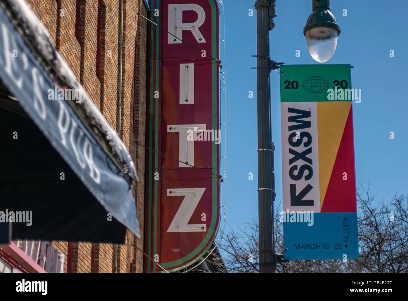 Austin, Texas - March 6, 2020: 2020 South by Southwest (SXSW) conference and festival banner near the Ritz Alamo Drafthouse theater Stock Photo