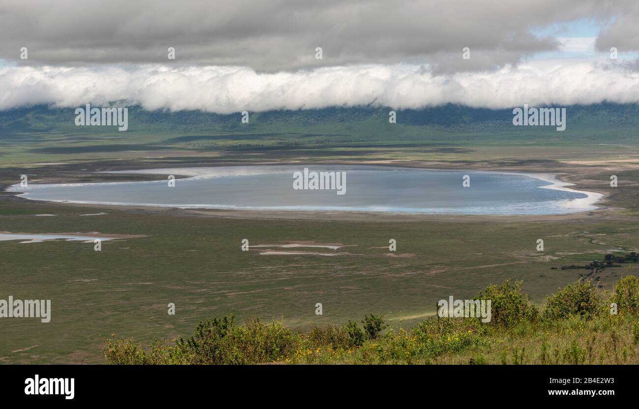 A foot, tent and jeep safari through northern Tanzania at the end of the rainy season in May. National Parks Serengeti, Ngorongoro Crater, Tarangire, Arusha and Lake Manyara. View from the crater rim Ngorongoro to Lake Magadi. Stock Photo