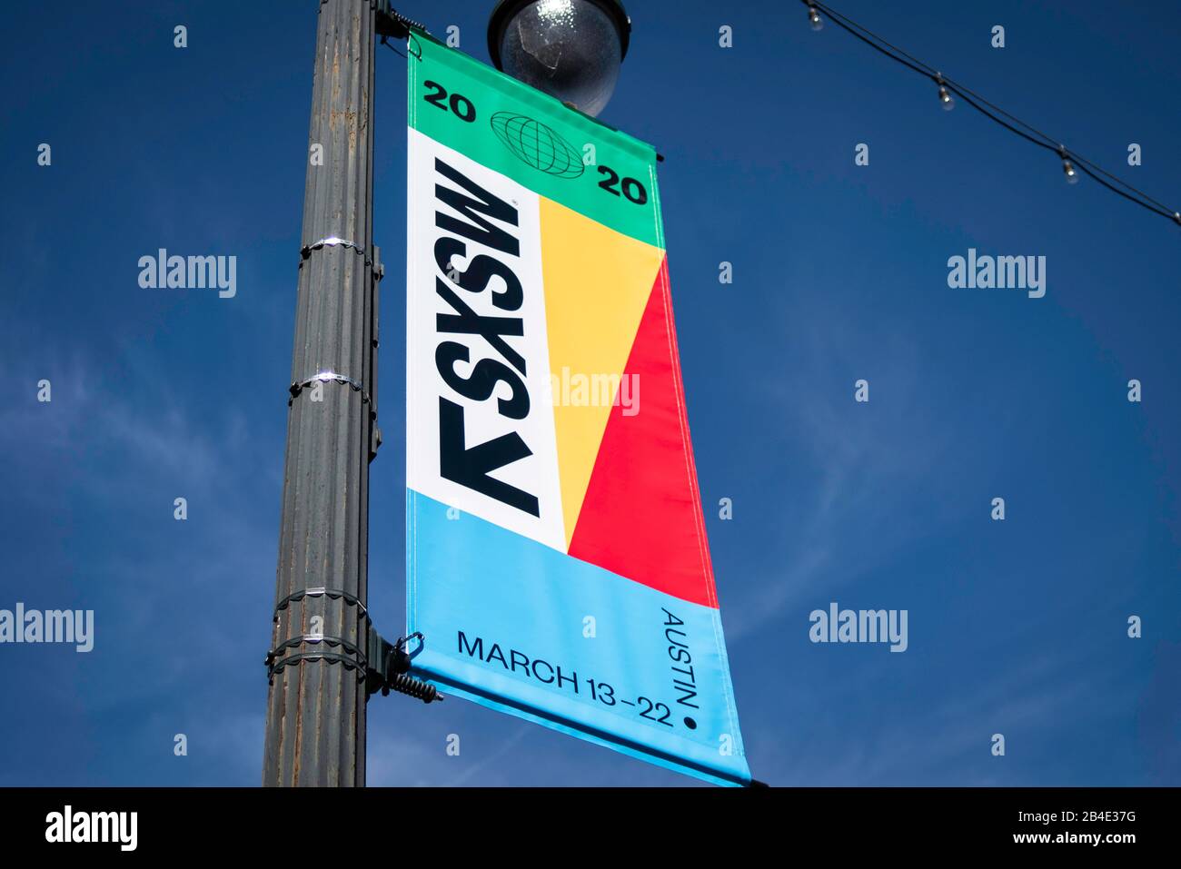 Austin, Texas - March 6, 2020: 2020 South by Southwest (SXSW) conference and festival banner in the Austin sky Stock Photo