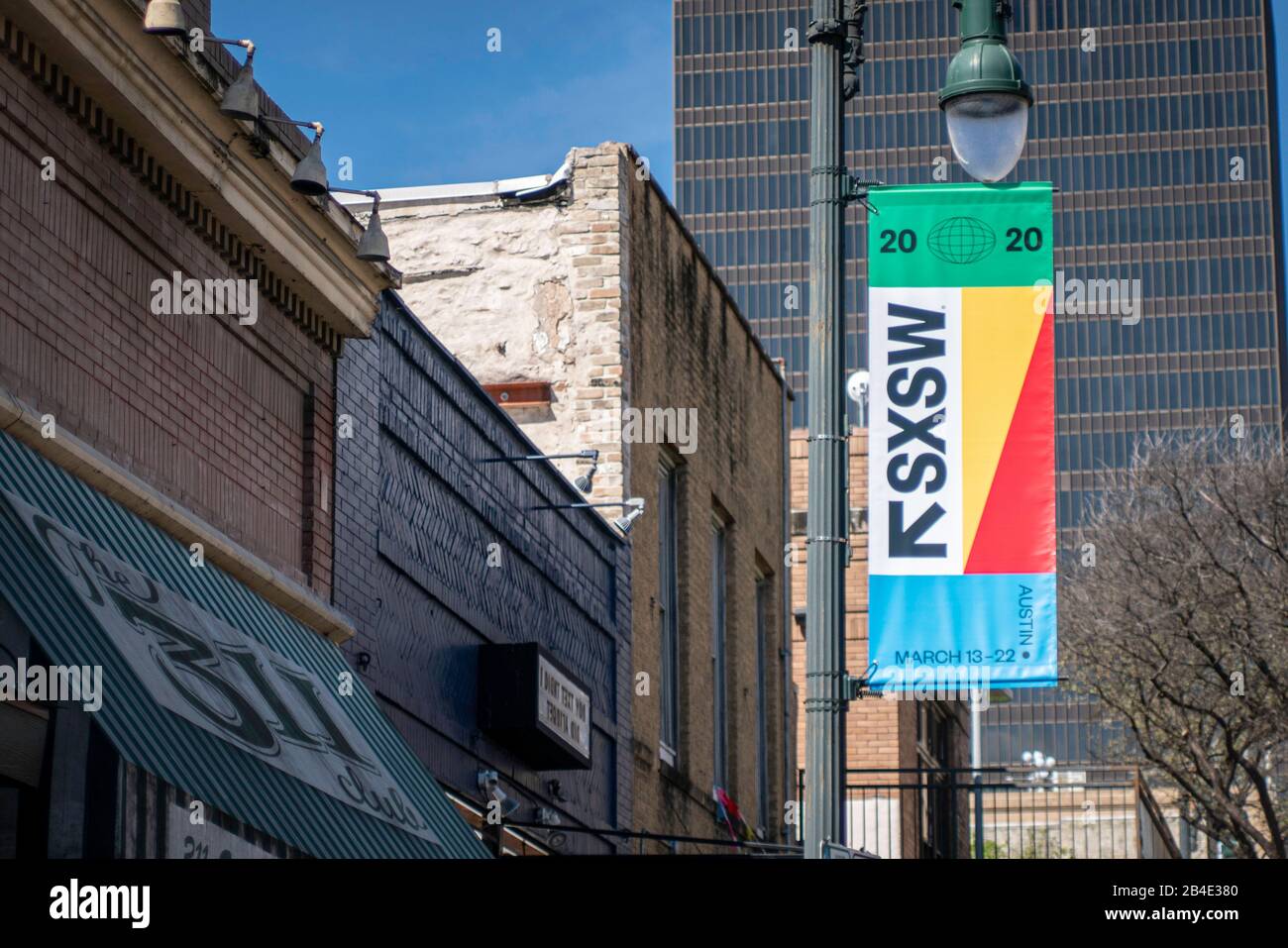 Austin, Texas - March 6, 2020: 2020 South by Southwest (SXSW) conference and festival banner in downtown Austin Stock Photo