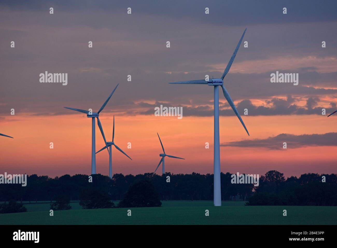 Europe, Germany, Lower Saxony, wind farm, power generation, sunset, wind turbines, wind turbine, alternative energies, Stock Photo